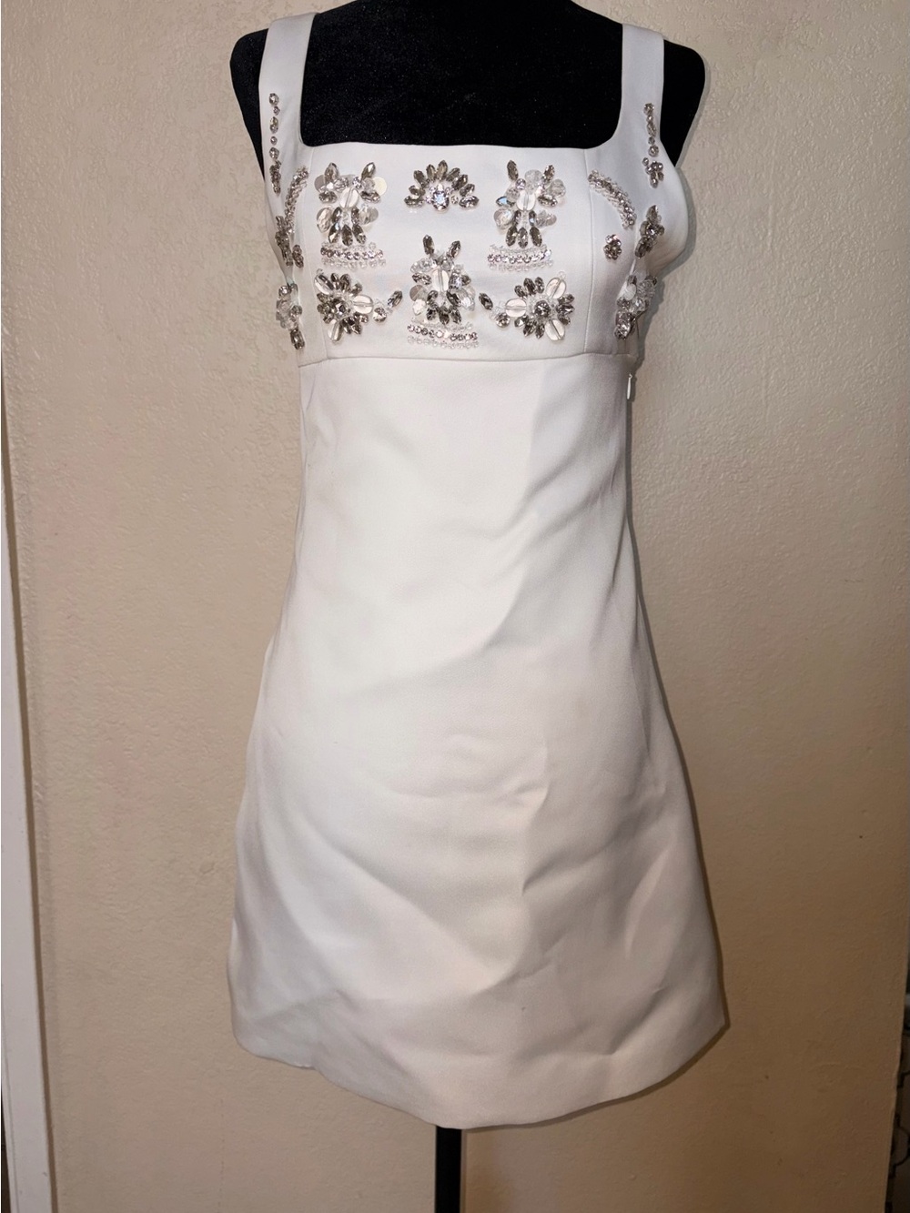 White Embellished Square-Neck Mini Dress